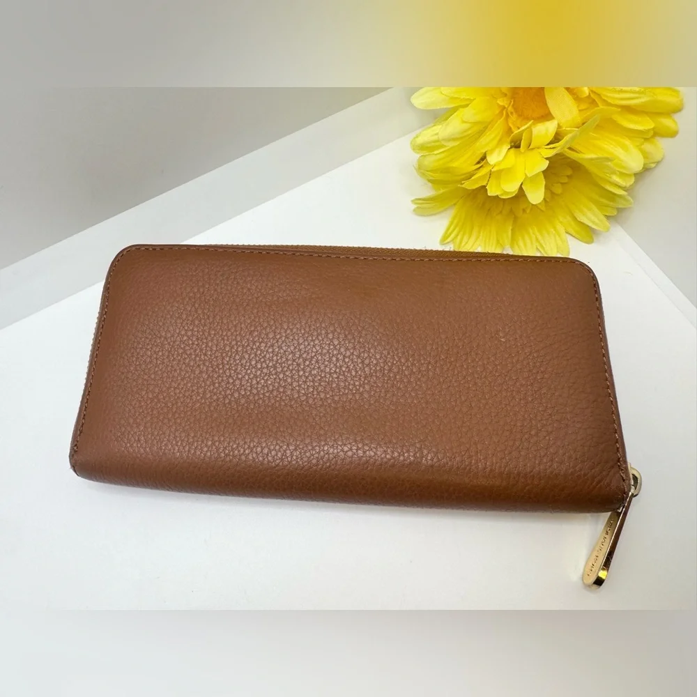 Michael Kors Chestnut Leather Zip Around Wallet Clutch Gold Accents